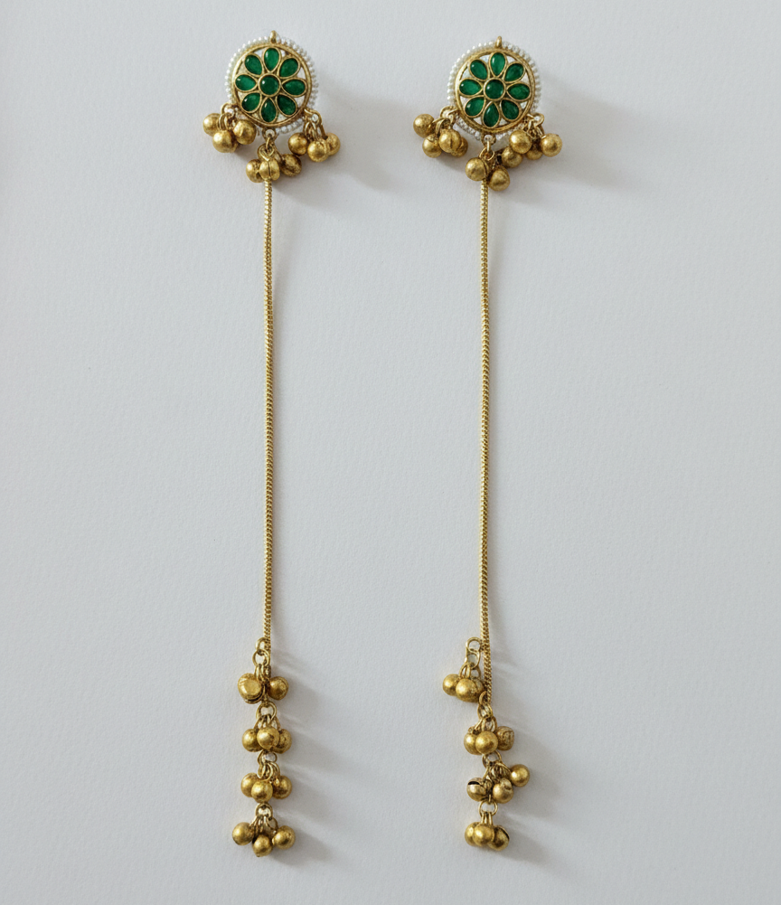 Floral Mandala Kashmiri Dejhoor Earrings – Sleek Long Chain with Golden Bead Clusters