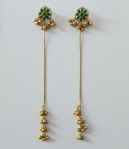 Floral Mandala Kashmiri Dejhoor Earrings – Sleek Long Chain with Golden Bead Clusters