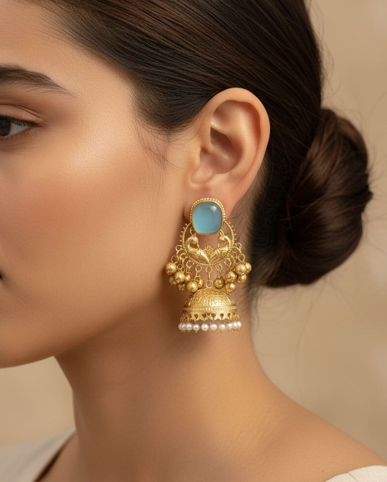 Royal Peacock Kashmiri Jhumka Earrings with Cat-Eye Stones & Pearl Droplets