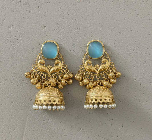 Royal Peacock Kashmiri Jhumka Earrings with Cat-Eye Stones & Pearl Droplets