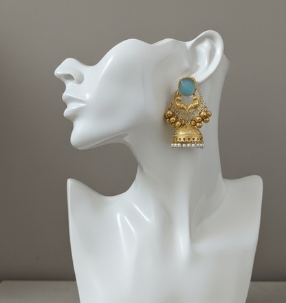 Royal Peacock Kashmiri Jhumka Earrings with Cat-Eye Stones & Pearl Droplets