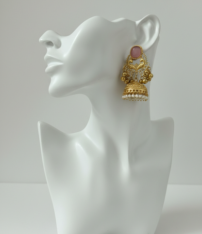Royal Peacock Kashmiri Jhumka Earrings with Cat-Eye Stones & Pearl Droplets