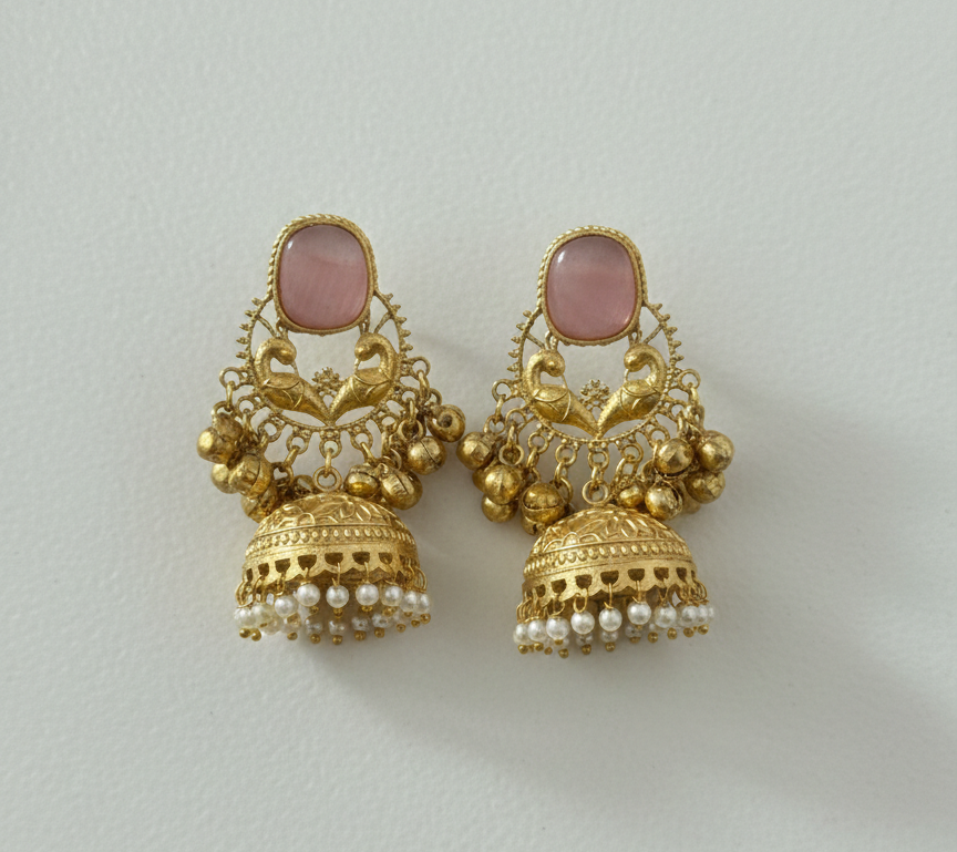 Royal Peacock Kashmiri Jhumka Earrings with Cat-Eye Stones & Pearl Droplets