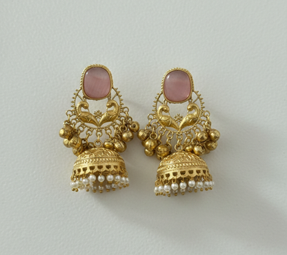 Royal Peacock Kashmiri Jhumka Earrings with Cat-Eye Stones & Pearl Droplets