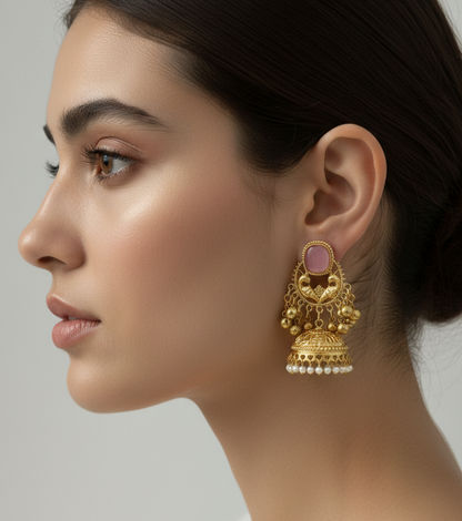 Royal Peacock Kashmiri Jhumka Earrings with Cat-Eye Stones & Pearl Droplets