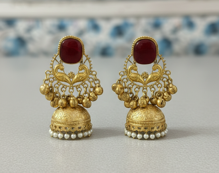 Royal Peacock Kashmiri Jhumka Earrings with Cat-Eye Stones & Pearl Droplets