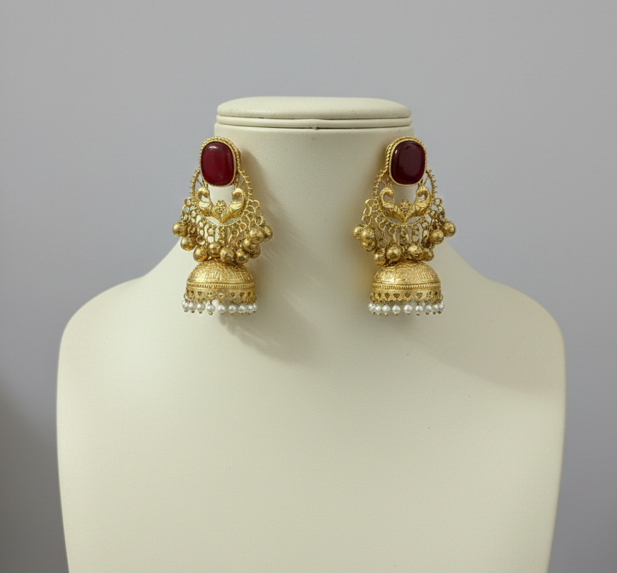 Royal Peacock Kashmiri Jhumka Earrings with Cat-Eye Stones & Pearl Droplets