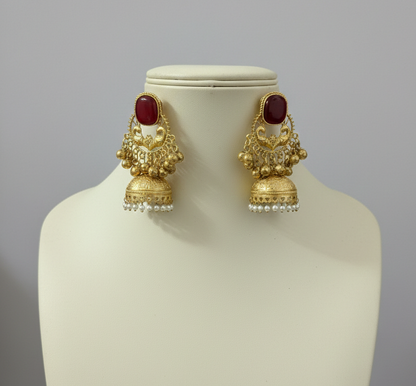 Royal Peacock Kashmiri Jhumka Earrings with Cat-Eye Stones & Pearl Droplets