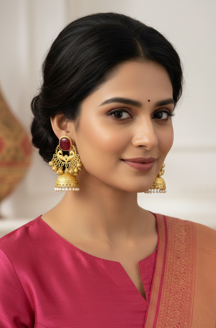 Royal Peacock Kashmiri Jhumka Earrings with Cat-Eye Stones & Pearl Droplets