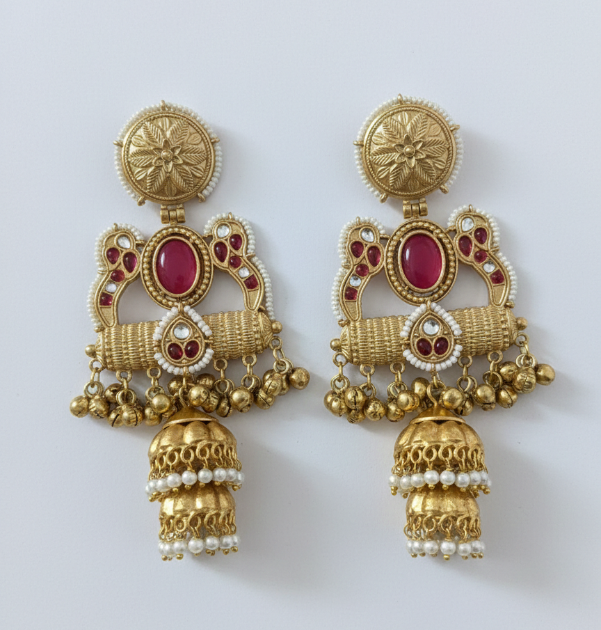 Rani Pink Matte Gold Double-Jhumka Kashmiri Earrings with Pearl Border