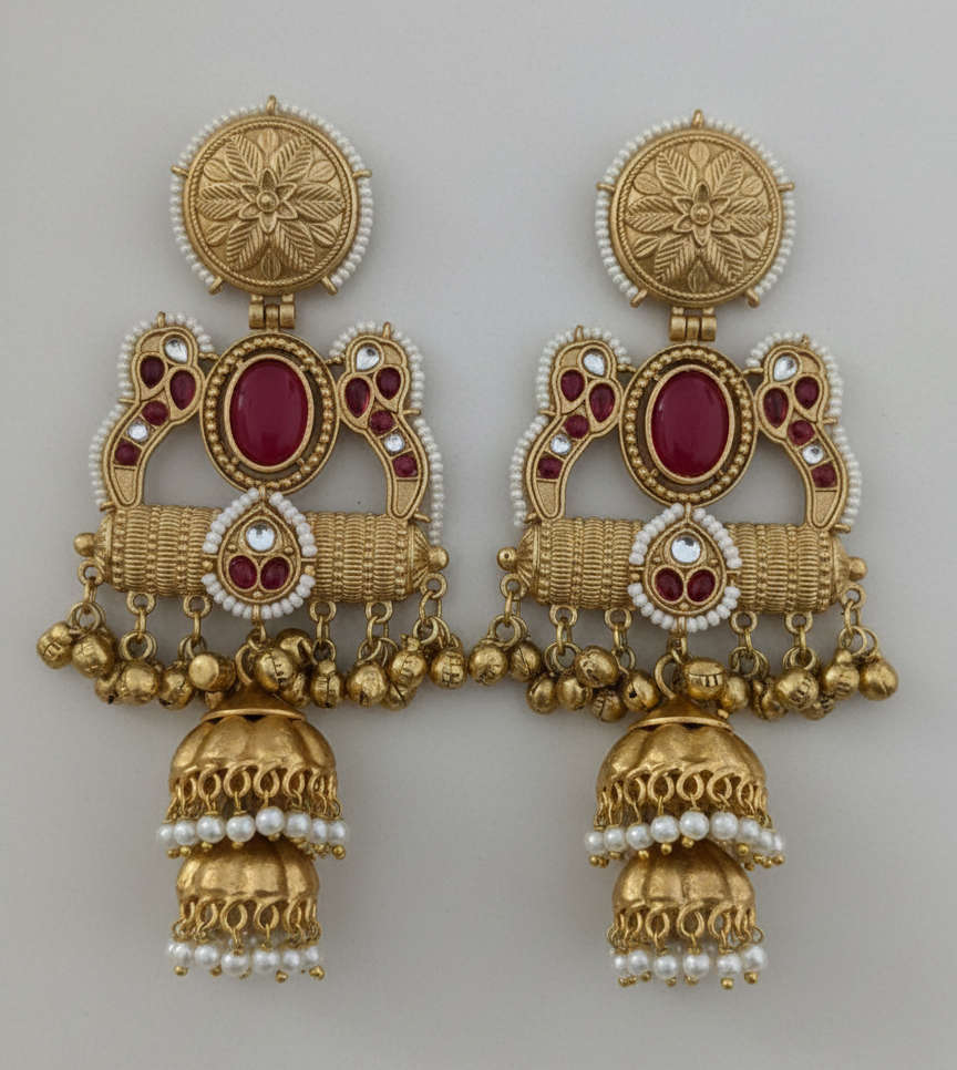 Rani Pink Matte Gold Double-Jhumka Kashmiri Earrings with Pearl Border