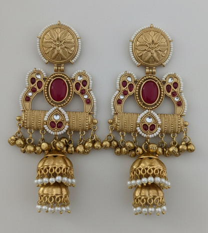 Rani Pink Matte Gold Double-Jhumka Kashmiri Earrings with Pearl Border