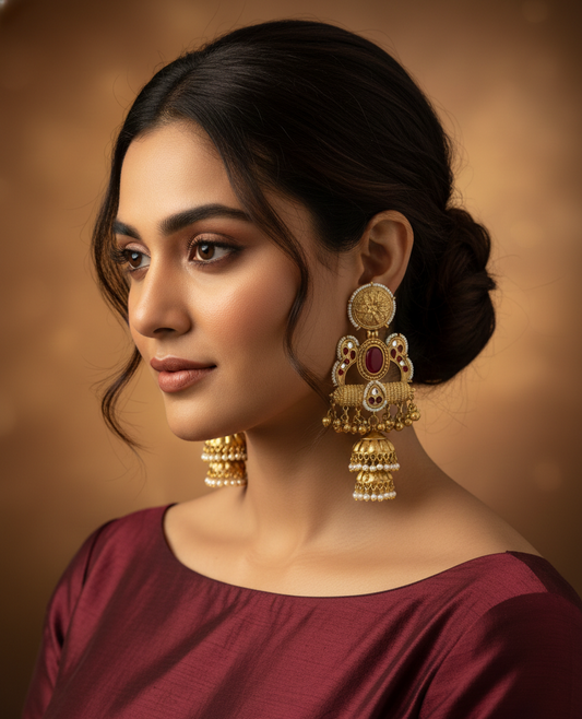 Rani Pink Matte Gold Double-Jhumka Kashmiri Earrings with Pearl Border
