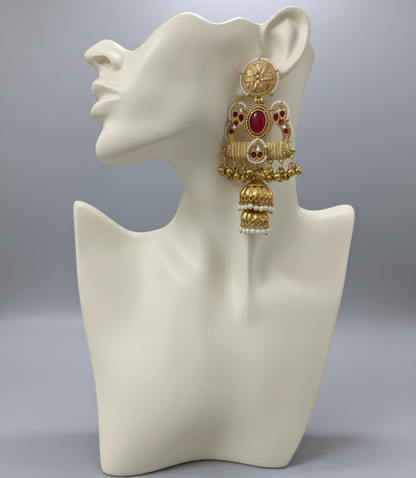 Rani Pink Matte Gold Double-Jhumka Kashmiri Earrings with Pearl Border