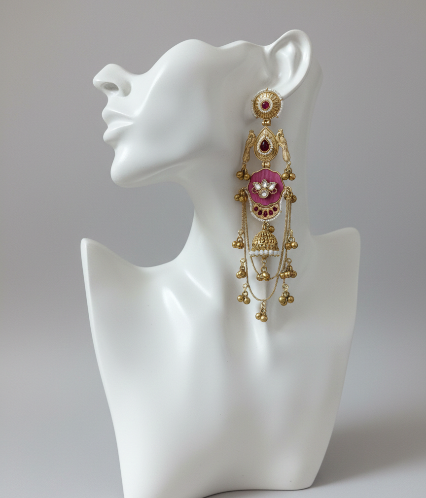 Royal Meenakari Peacock Kashmiri Sahare Earrings with Tiered Ghungroo Chains