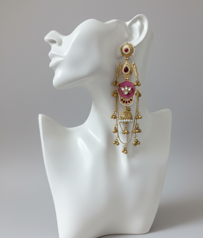 Royal Meenakari Peacock Kashmiri Sahare Earrings with Tiered Ghungroo Chains