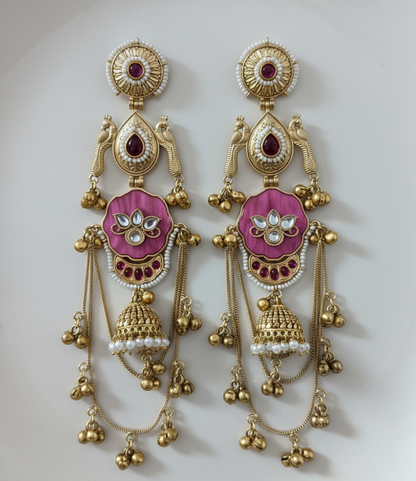 Royal Meenakari Peacock Kashmiri Sahare Earrings with Tiered Ghungroo Chains
