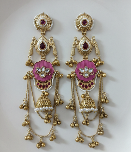 Royal Meenakari Peacock Kashmiri Sahare Earrings with Tiered Ghungroo Chains