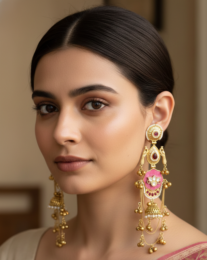 Royal Meenakari Peacock Kashmiri Sahare Earrings with Tiered Ghungroo Chains