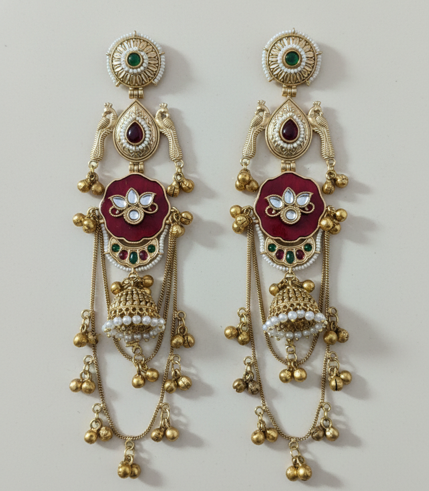 Royal Meenakari Peacock Kashmiri Sahare Earrings with Tiered Ghungroo Chains