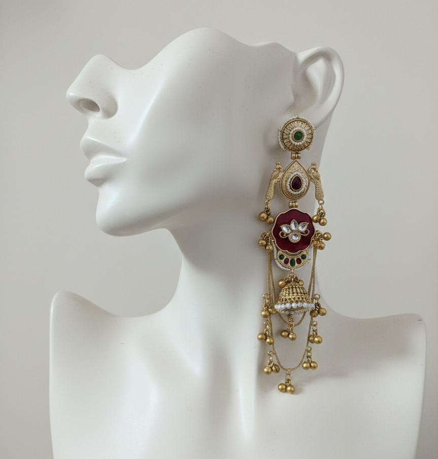 Royal Meenakari Peacock Kashmiri Sahare Earrings with Tiered Ghungroo Chains