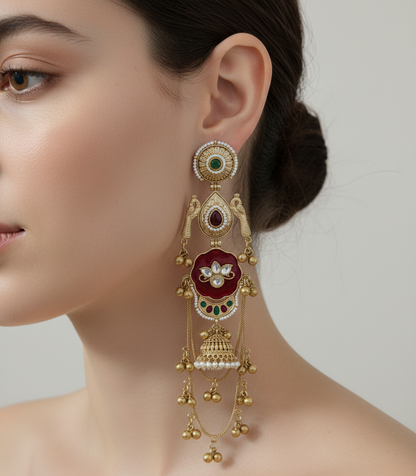 Royal Meenakari Peacock Kashmiri Sahare Earrings with Tiered Ghungroo Chains