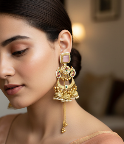 Royal Meenakari Peacock Kashmiri Sahare Earrings with Tiered Ghungroo Chains