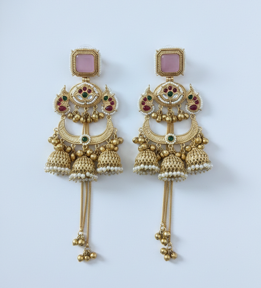 Royal Meenakari Peacock Kashmiri Sahare Earrings with Tiered Ghungroo Chains
