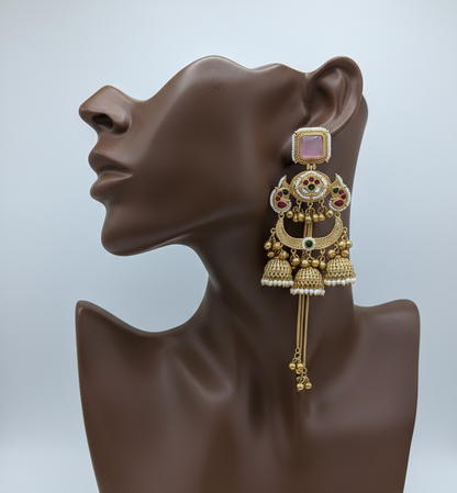 Royal Meenakari Peacock Kashmiri Sahare Earrings with Tiered Ghungroo Chains