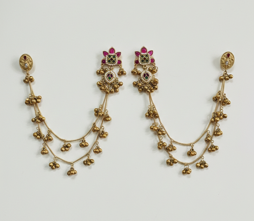 Antique Gold-Plated Kashmiri Double-Chain Jhumka Earrings with Ruby & Emerald Accents