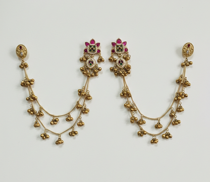 Antique Gold-Plated Kashmiri Double-Chain Jhumka Earrings with Ruby & Emerald Accents
