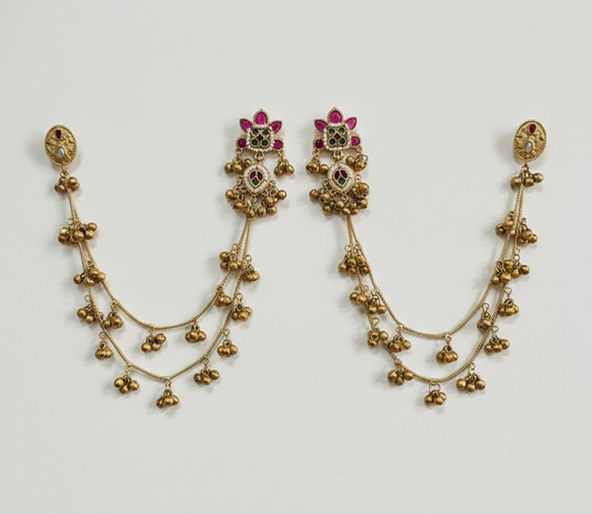 Antique Gold-Plated Kashmiri Double-Chain Jhumka Earrings with Ruby & Emerald Accents
