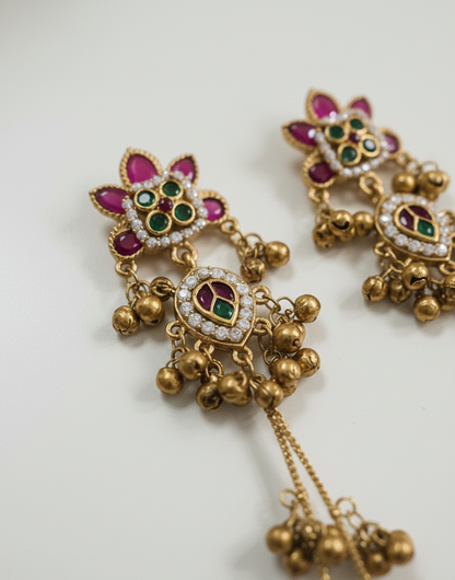 Antique Gold-Plated Kashmiri Double-Chain Jhumka Earrings with Ruby & Emerald Accents