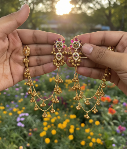 Antique Gold-Plated Kashmiri Double-Chain Jhumka Earrings with Ruby & Emerald Accents