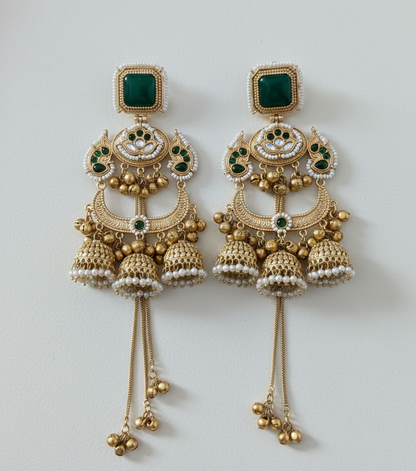 Royal Meenakari Peacock Kashmiri Sahare Earrings with Tiered Ghungroo Chains