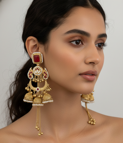 Royal Meenakari Peacock Kashmiri Sahare Earrings with Tiered Ghungroo Chains