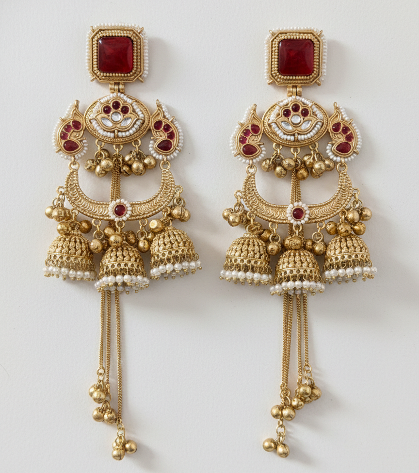 Royal Meenakari Peacock Kashmiri Sahare Earrings with Tiered Ghungroo Chains