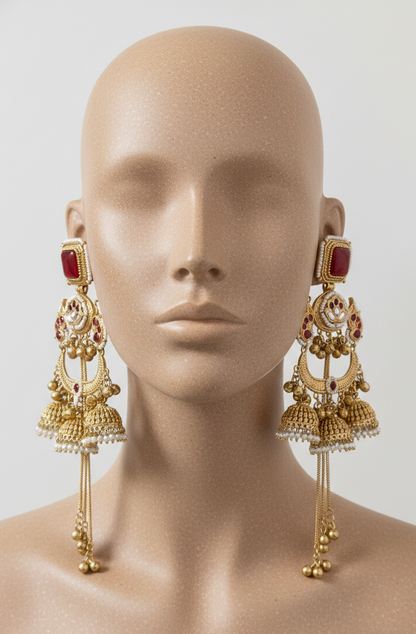 Royal Meenakari Peacock Kashmiri Sahare Earrings with Tiered Ghungroo Chains