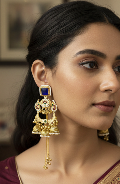 Royal Meenakari Peacock Kashmiri Sahare Earrings with Tiered Ghungroo Chains