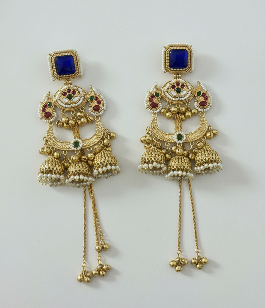 Royal Meenakari Peacock Kashmiri Sahare Earrings with Tiered Ghungroo Chains