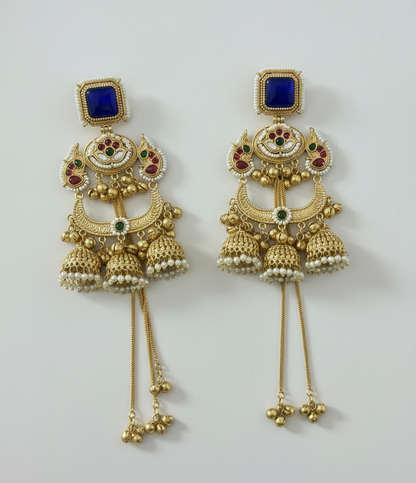 Royal Meenakari Peacock Kashmiri Sahare Earrings with Tiered Ghungroo Chains