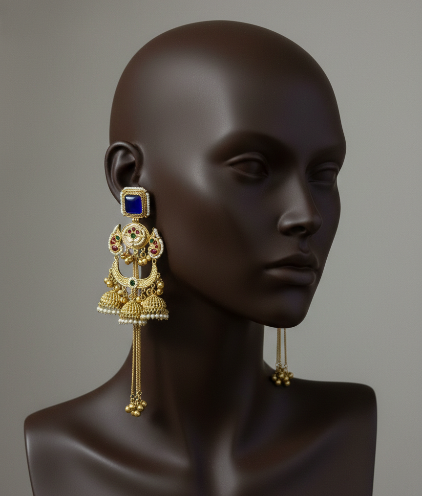 Royal Meenakari Peacock Kashmiri Sahare Earrings with Tiered Ghungroo Chains