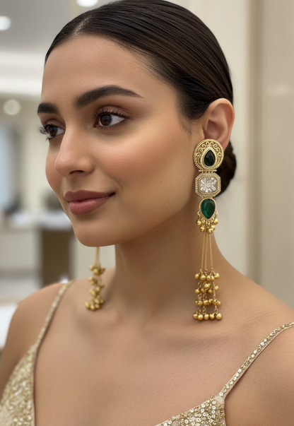 Kashmiri Kundan Ghungroo Jhumka Earrings with Pearl-Studded Sahara Chains