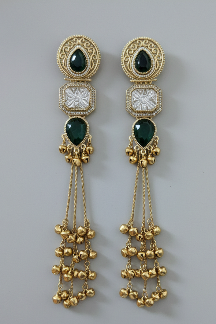 Kashmiri Kundan Ghungroo Jhumka Earrings with Pearl-Studded Sahara Chains