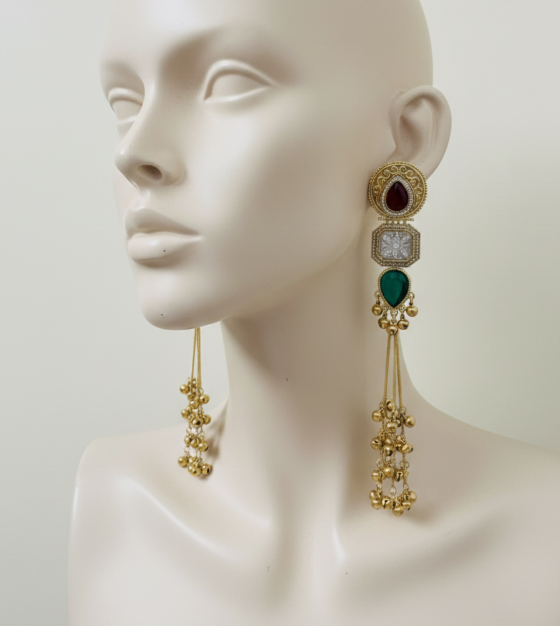 Kashmiri Kundan Ghungroo Jhumka Earrings with Pearl-Studded Sahara Chains