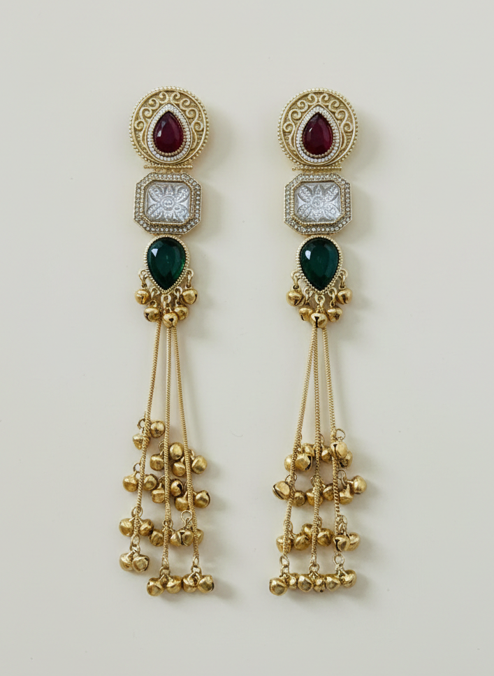 Kashmiri Kundan Ghungroo Jhumka Earrings with Pearl-Studded Sahara Chains