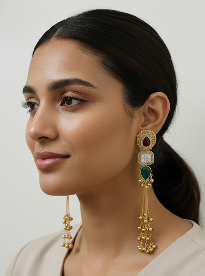 Kashmiri Kundan Ghungroo Jhumka Earrings with Pearl-Studded Sahara Chains