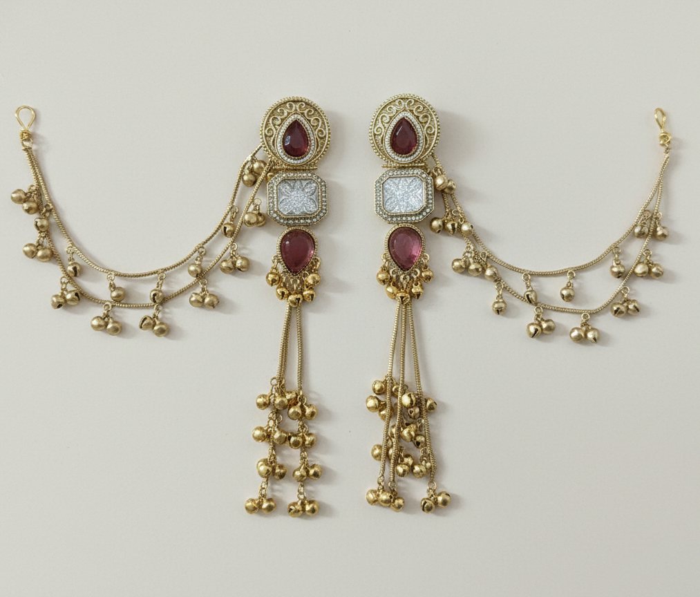 Kashmiri Kundan Ghungroo Jhumka Earrings with Pearl-Studded Sahara Chains