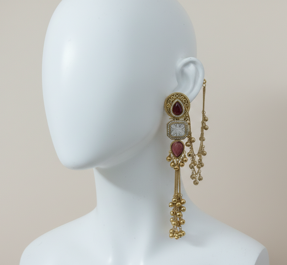 Kashmiri Kundan Ghungroo Jhumka Earrings with Pearl-Studded Sahara Chains