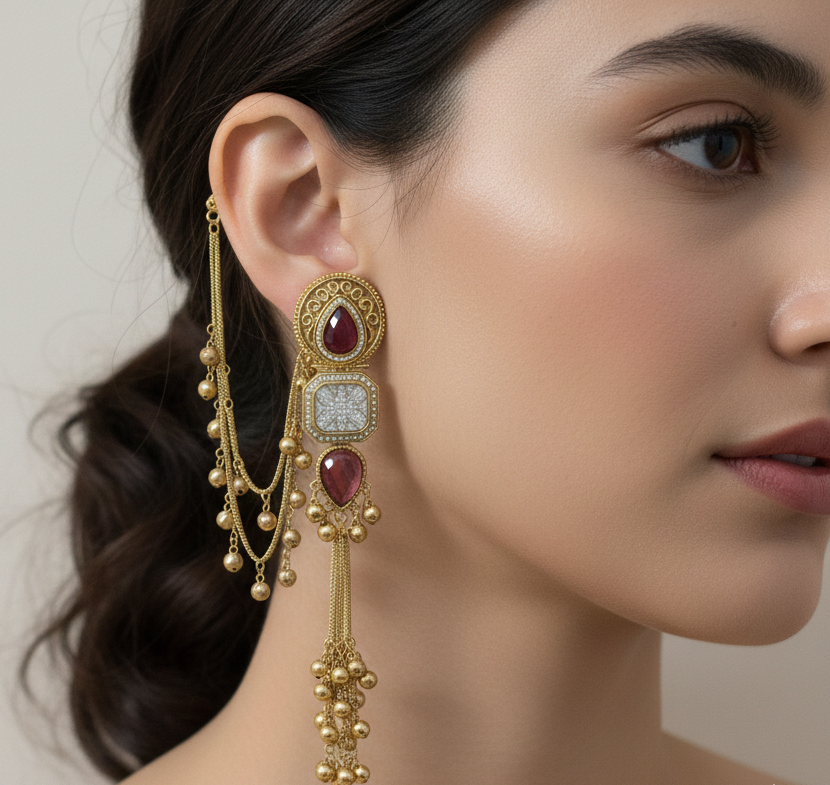 Kashmiri Kundan Ghungroo Jhumka Earrings with Pearl-Studded Sahara Chains
